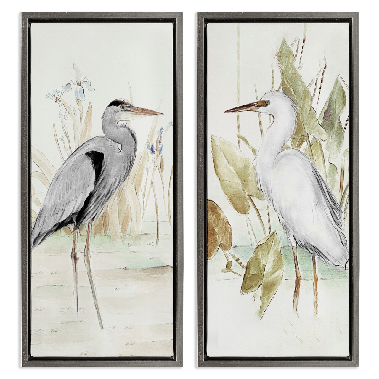 Stupell Industries Heron Egret Marsh Landscape 2 pc Framed Floater Canvas Wall Art Set Design by Lanie Loreth